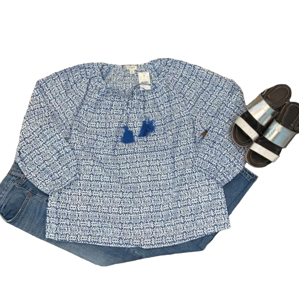 NWT J. Crew Blue and White Raglan Cotton Tassel Tie Boho Top - SIZE MEDIUM
